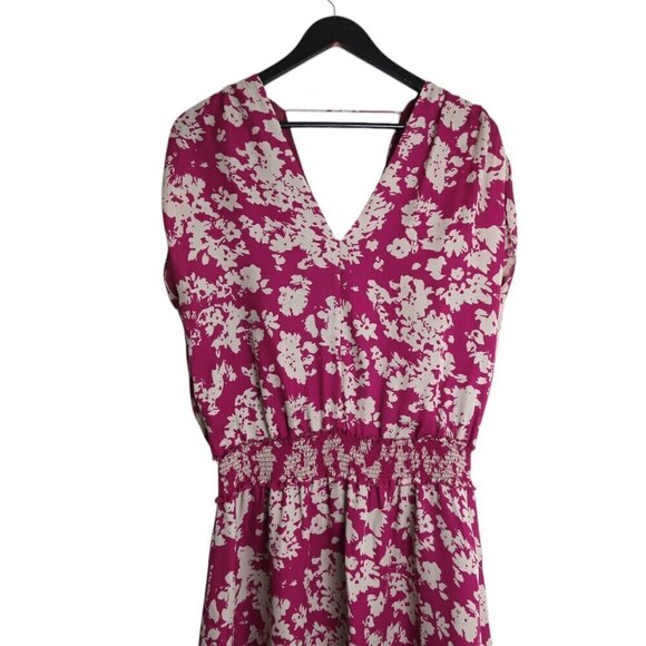 Ramy Brook Silk Blouson Shift Mini Dress Smocked Waist V-Neck Floral Fuchsia - Picture 5 of 7